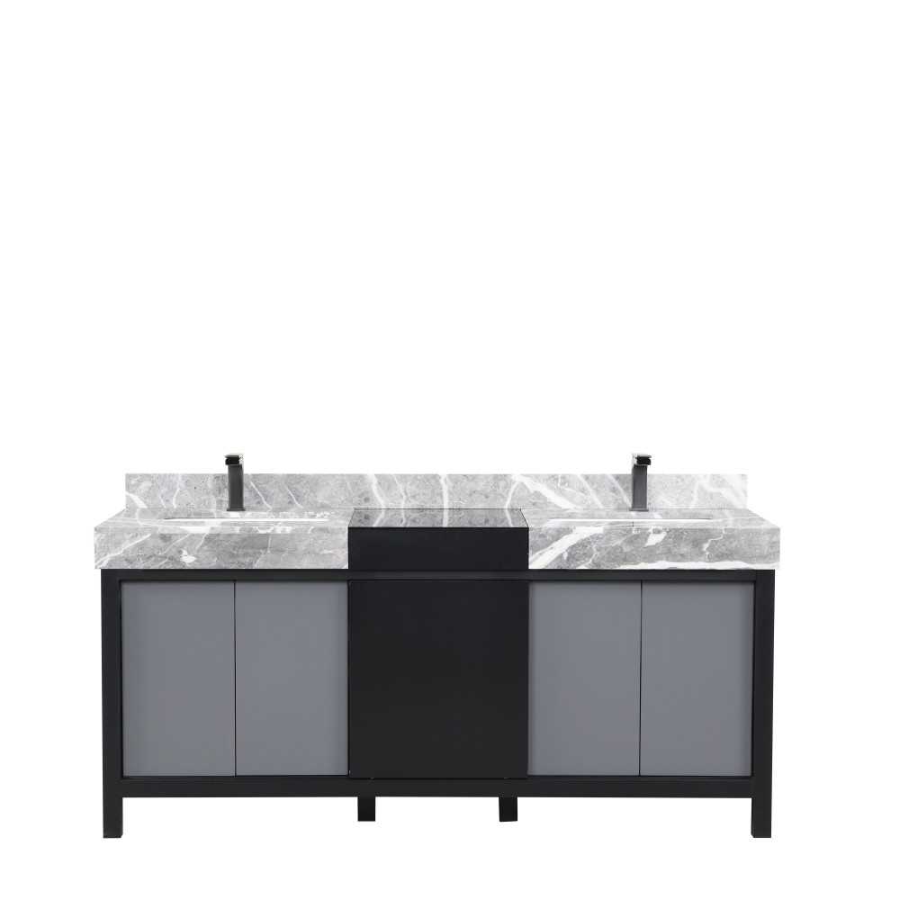 Zilara 72" Black and Grey Double Vanity, Castle Grey Marble Tops, White Square Sinks, and Balzani Gun Metal Faucet Set