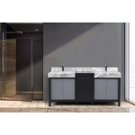 Zilara 72" Black and Grey Double Vanity, Castle Grey Marble Tops, White Square Sinks, and Balzani Gun Metal Faucet Set