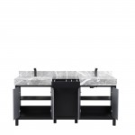 Zilara 72" Black and Grey Double Vanity, Castle Grey Marble Tops, White Square Sinks, and Balzani Gun Metal Faucet Set