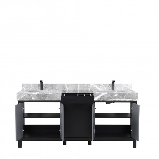 Zilara 72" Black and Grey Double Vanity, Castle Grey Marble Tops, White Square Sinks, and Balzani Gun Metal Faucet Set