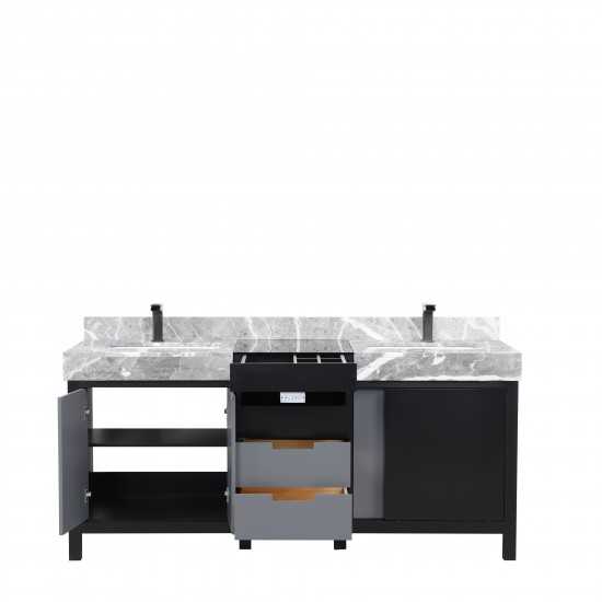 Zilara 72" Black and Grey Double Vanity, Castle Grey Marble Tops, White Square Sinks, and Balzani Gun Metal Faucet Set