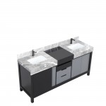 Zilara 72" Black and Grey Double Vanity, Castle Grey Marble Tops, White Square Sinks, and Balzani Gun Metal Faucet Set