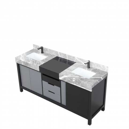 Zilara 72" Black and Grey Double Vanity, Castle Grey Marble Tops, White Square Sinks, and Balzani Gun Metal Faucet Set