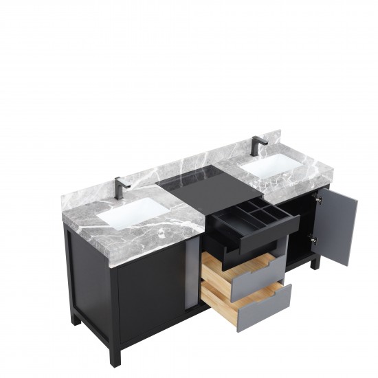 Zilara 72" Black and Grey Double Vanity, Castle Grey Marble Tops, White Square Sinks, and Balzani Gun Metal Faucet Set