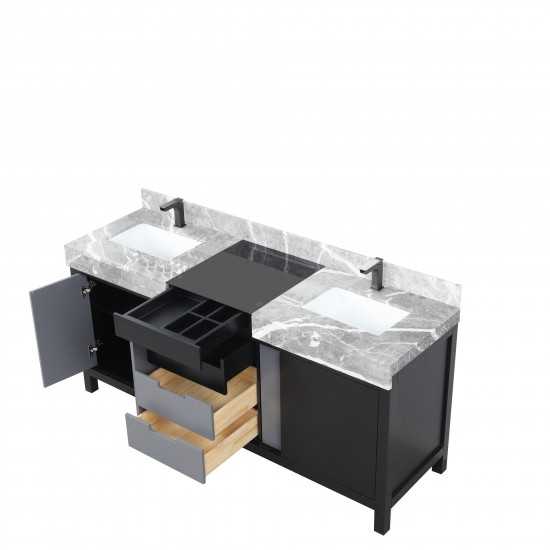 Zilara 72" Black and Grey Double Vanity, Castle Grey Marble Tops, White Square Sinks, and Balzani Gun Metal Faucet Set