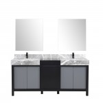 Zilara 72" Black Grey Double Vanity, Castle Grey Marble Tops, Square Sinks, Cascata Nera Matte Black Faucet Set, 28" Mirrors