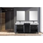 Zilara 72" Black Grey Double Vanity, Castle Grey Marble Tops, Square Sinks, Cascata Nera Matte Black Faucet Set, 28" Mirrors