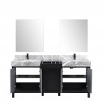 Zilara 72" Black Grey Double Vanity, Castle Grey Marble Tops, Square Sinks, Cascata Nera Matte Black Faucet Set, 28" Mirrors