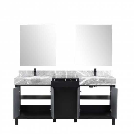 Zilara 72" Black Grey Double Vanity, Castle Grey Marble Tops, Square Sinks, Cascata Nera Matte Black Faucet Set, 28" Mirrors