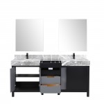 Zilara 72" Black Grey Double Vanity, Castle Grey Marble Tops, Square Sinks, Cascata Nera Matte Black Faucet Set, 28" Mirrors