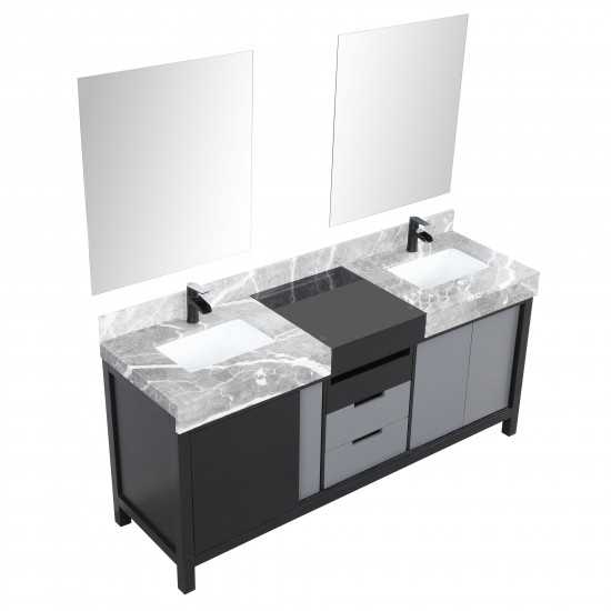 Zilara 72" Black Grey Double Vanity, Castle Grey Marble Tops, Square Sinks, Cascata Nera Matte Black Faucet Set, 28" Mirrors