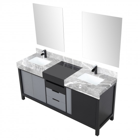 Zilara 72" Black Grey Double Vanity, Castle Grey Marble Tops, Square Sinks, Cascata Nera Matte Black Faucet Set, 28" Mirrors