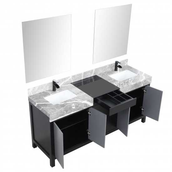 Zilara 72" Black Grey Double Vanity, Castle Grey Marble Tops, Square Sinks, Cascata Nera Matte Black Faucet Set, 28" Mirrors