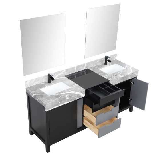 Zilara 72" Black Grey Double Vanity, Castle Grey Marble Tops, Square Sinks, Cascata Nera Matte Black Faucet Set, 28" Mirrors