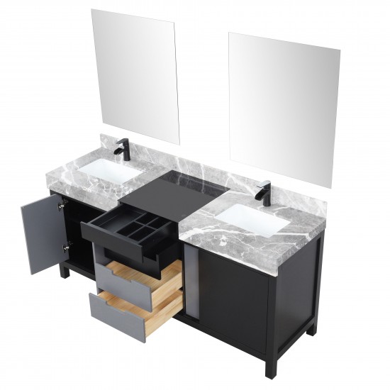 Zilara 72" Black Grey Double Vanity, Castle Grey Marble Tops, Square Sinks, Cascata Nera Matte Black Faucet Set, 28" Mirrors