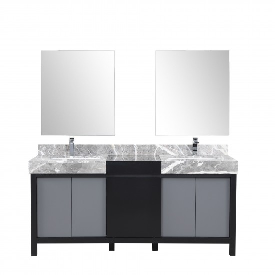 Zilara 72" Black and Grey Double Vanity, Castle Grey Marble Tops, Square Sinks, Monte Chrome Faucet Set, and 28" Mirrors