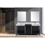 Zilara 72" Black and Grey Double Vanity, Castle Grey Marble Tops, Square Sinks, Monte Chrome Faucet Set, and 28" Mirrors