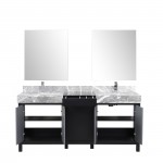 Zilara 72" Black and Grey Double Vanity, Castle Grey Marble Tops, Square Sinks, Monte Chrome Faucet Set, and 28" Mirrors