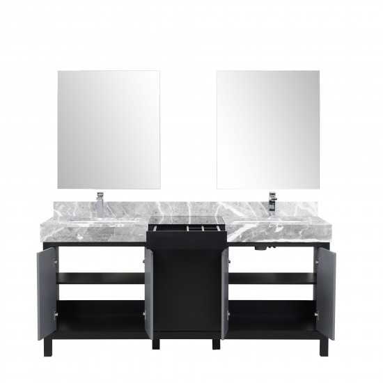 Zilara 72" Black and Grey Double Vanity, Castle Grey Marble Tops, Square Sinks, Monte Chrome Faucet Set, and 28" Mirrors