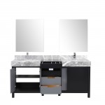 Zilara 72" Black and Grey Double Vanity, Castle Grey Marble Tops, Square Sinks, Monte Chrome Faucet Set, and 28" Mirrors
