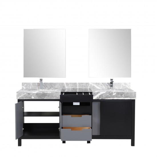 Zilara 72" Black and Grey Double Vanity, Castle Grey Marble Tops, Square Sinks, Monte Chrome Faucet Set, and 28" Mirrors