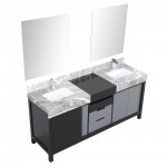 Zilara 72" Black and Grey Double Vanity, Castle Grey Marble Tops, Square Sinks, Monte Chrome Faucet Set, and 28" Mirrors