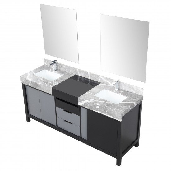 Zilara 72" Black and Grey Double Vanity, Castle Grey Marble Tops, Square Sinks, Monte Chrome Faucet Set, and 28" Mirrors