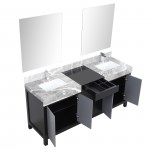 Zilara 72" Black and Grey Double Vanity, Castle Grey Marble Tops, Square Sinks, Monte Chrome Faucet Set, and 28" Mirrors