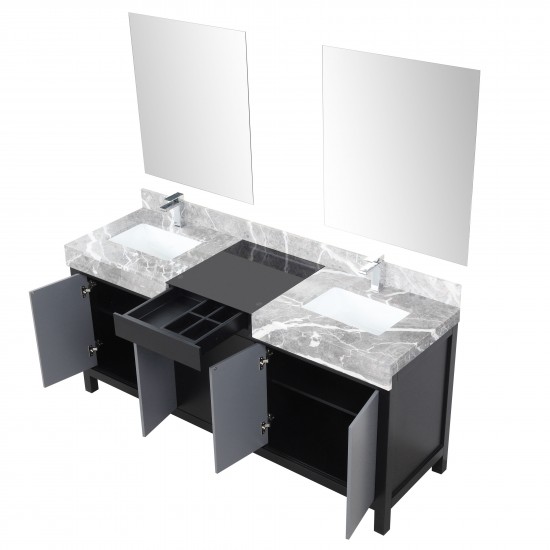 Zilara 72" Black and Grey Double Vanity, Castle Grey Marble Tops, Square Sinks, Monte Chrome Faucet Set, and 28" Mirrors