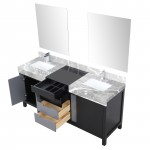 Zilara 72" Black and Grey Double Vanity, Castle Grey Marble Tops, Square Sinks, Monte Chrome Faucet Set, and 28" Mirrors