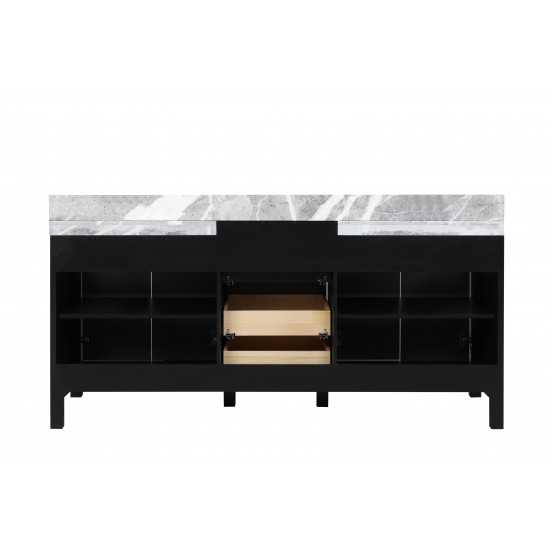 Zilara 72" Black and Grey Double Vanity, Castle Grey Marble Tops, Square Sinks, Monte Chrome Faucet Set, and 28" Mirrors