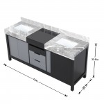 Zilara 72" Black and Grey Double Vanity, Castle Grey Marble Tops, Square Sinks, Monte Chrome Faucet Set, and 28" Mirrors