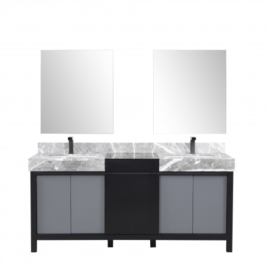 Zilara 72" Black and Grey Double Vanity, Castle Grey Marble Tops, Square Sinks, Balzani Gun Metal Faucet Set, and 28" Mirrors