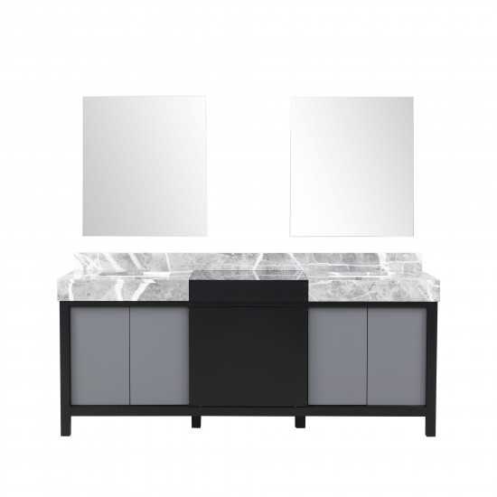 Zilara 80" Black and Grey Double Vanity, Castle Grey Marble Tops, White Square Sinks, and 30" Frameless Mirrors