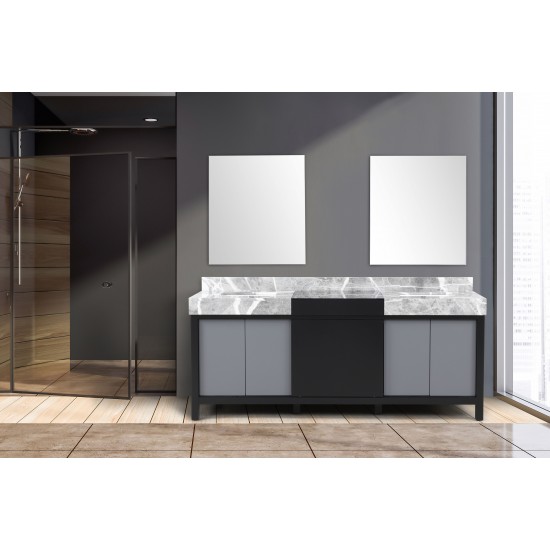 Zilara 80" Black and Grey Double Vanity, Castle Grey Marble Tops, White Square Sinks, and 30" Frameless Mirrors