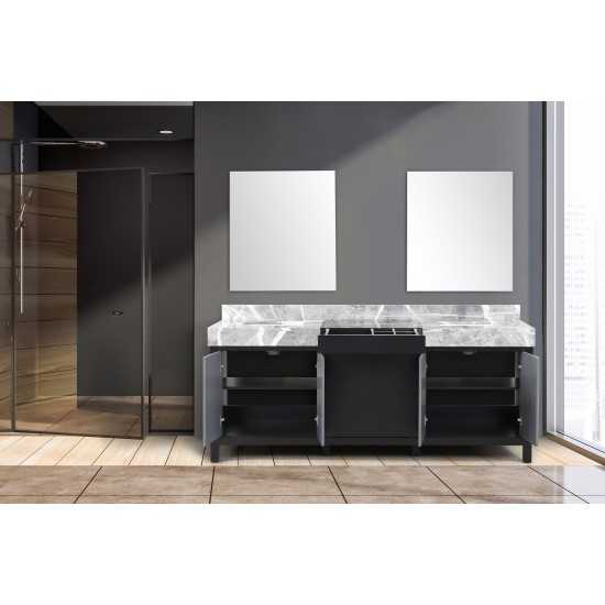 Zilara 80" Black and Grey Double Vanity, Castle Grey Marble Tops, White Square Sinks, and 30" Frameless Mirrors