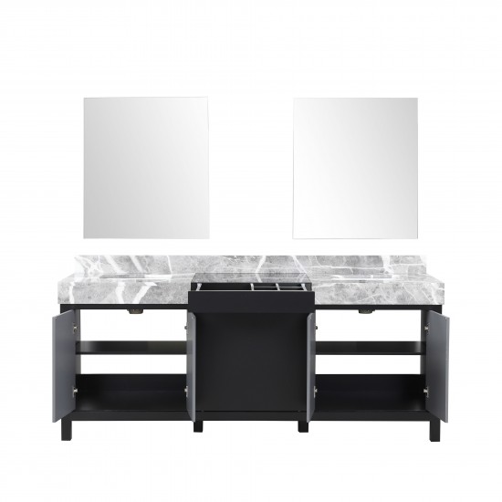 Zilara 80" Black and Grey Double Vanity, Castle Grey Marble Tops, White Square Sinks, and 30" Frameless Mirrors