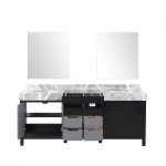 Zilara 80" Black and Grey Double Vanity, Castle Grey Marble Tops, White Square Sinks, and 30" Frameless Mirrors