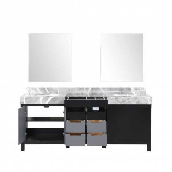 Zilara 80" Black and Grey Double Vanity, Castle Grey Marble Tops, White Square Sinks, and 30" Frameless Mirrors