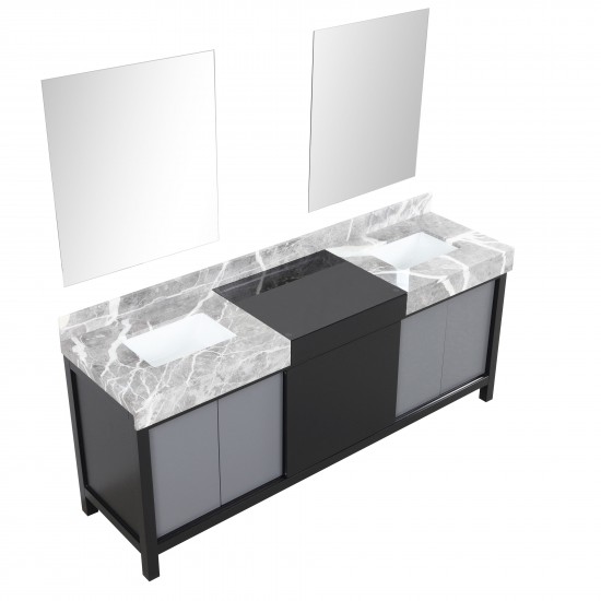 Zilara 80" Black and Grey Double Vanity, Castle Grey Marble Tops, White Square Sinks, and 30" Frameless Mirrors