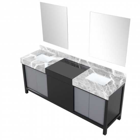 Zilara 80" Black and Grey Double Vanity, Castle Grey Marble Tops, White Square Sinks, and 30" Frameless Mirrors