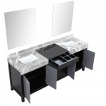 Zilara 80" Black and Grey Double Vanity, Castle Grey Marble Tops, White Square Sinks, and 30" Frameless Mirrors
