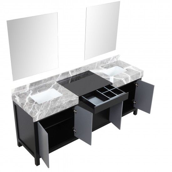 Zilara 80" Black and Grey Double Vanity, Castle Grey Marble Tops, White Square Sinks, and 30" Frameless Mirrors