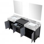 Zilara 80" Black and Grey Double Vanity, Castle Grey Marble Tops, White Square Sinks, and 30" Frameless Mirrors