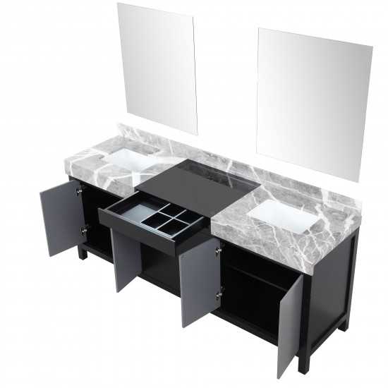 Zilara 80" Black and Grey Double Vanity, Castle Grey Marble Tops, White Square Sinks, and 30" Frameless Mirrors