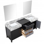 Zilara 80" Black and Grey Double Vanity, Castle Grey Marble Tops, White Square Sinks, and 30" Frameless Mirrors