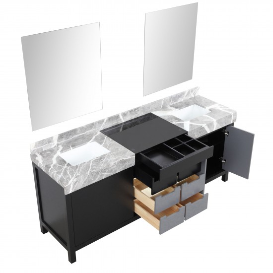 Zilara 80" Black and Grey Double Vanity, Castle Grey Marble Tops, White Square Sinks, and 30" Frameless Mirrors