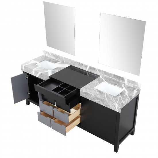 Zilara 80" Black and Grey Double Vanity, Castle Grey Marble Tops, White Square Sinks, and 30" Frameless Mirrors
