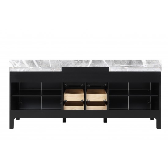 Zilara 80" Black and Grey Double Vanity, Castle Grey Marble Tops, White Square Sinks, and 30" Frameless Mirrors