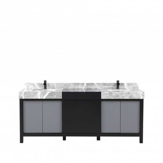 Zilara 80" Black and Grey Double Vanity, Castle Grey Marble Tops, White Square Sinks, and Cascata Nera Matte Black Faucet Set